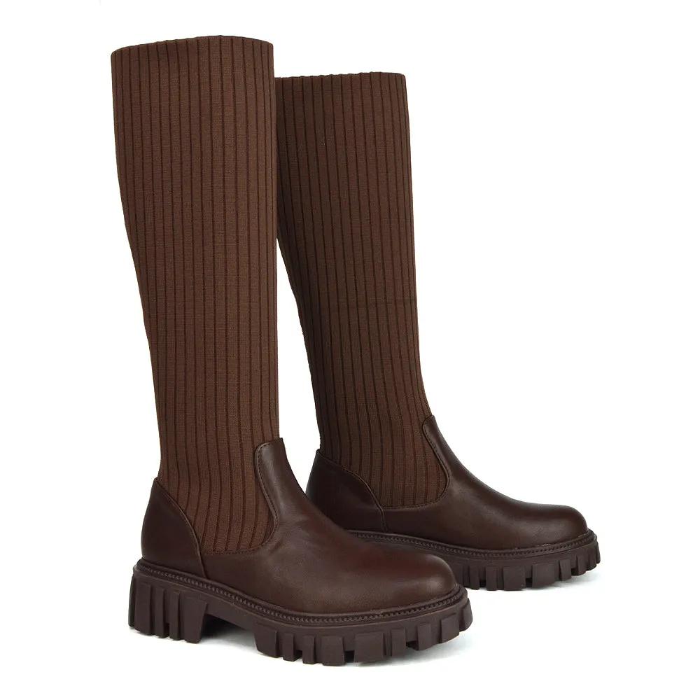 Kirsty Knitted Sock Knee High Boots with Chunky Sole in Khaki Synthetic Leather