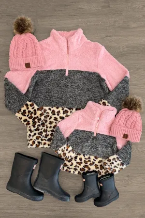 Mom & Me - Pink Cheetah Quarter Zip Sherpa