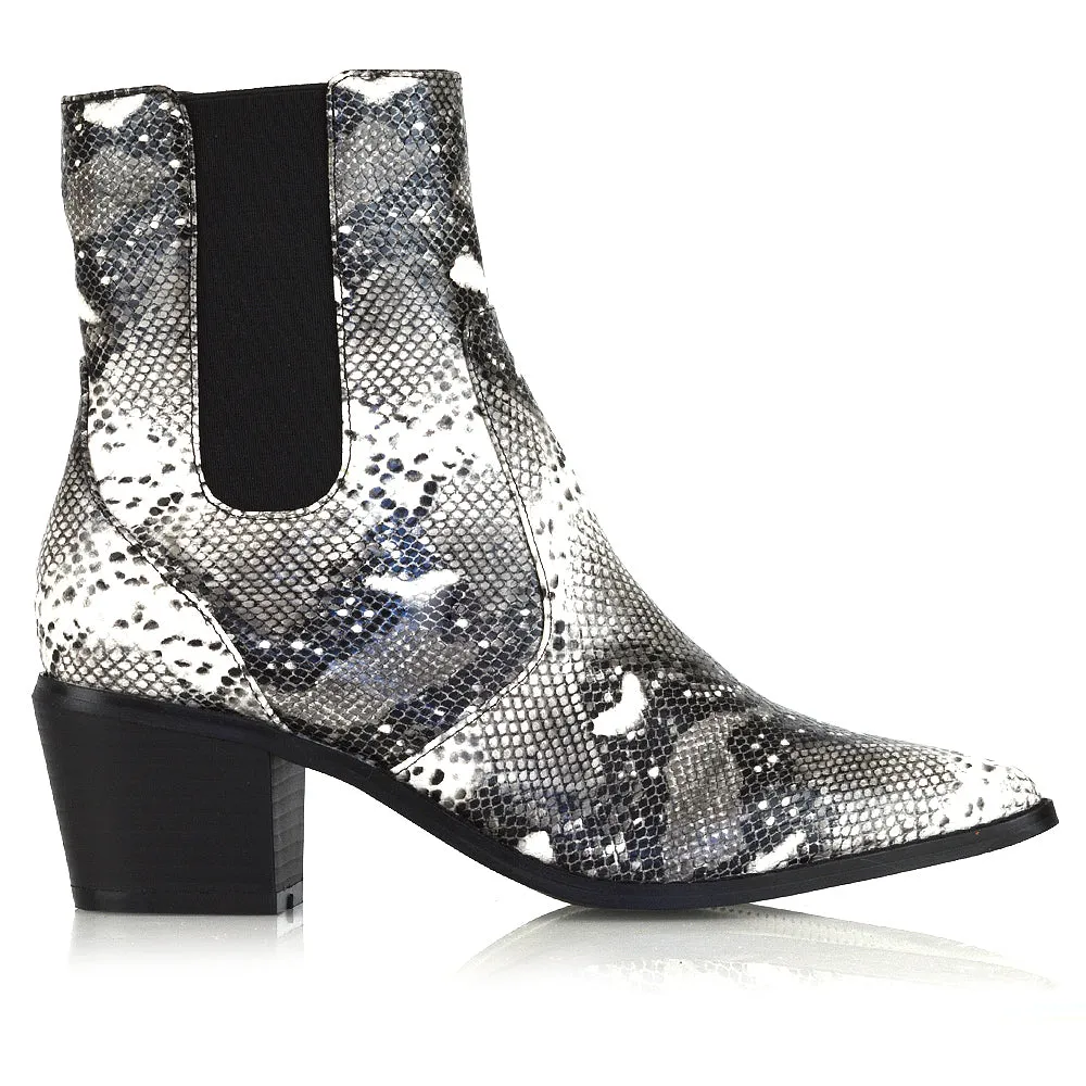 Nola Mid-Block Heel Pointed Toe Cowboy Ankle Boots in Multi Snake