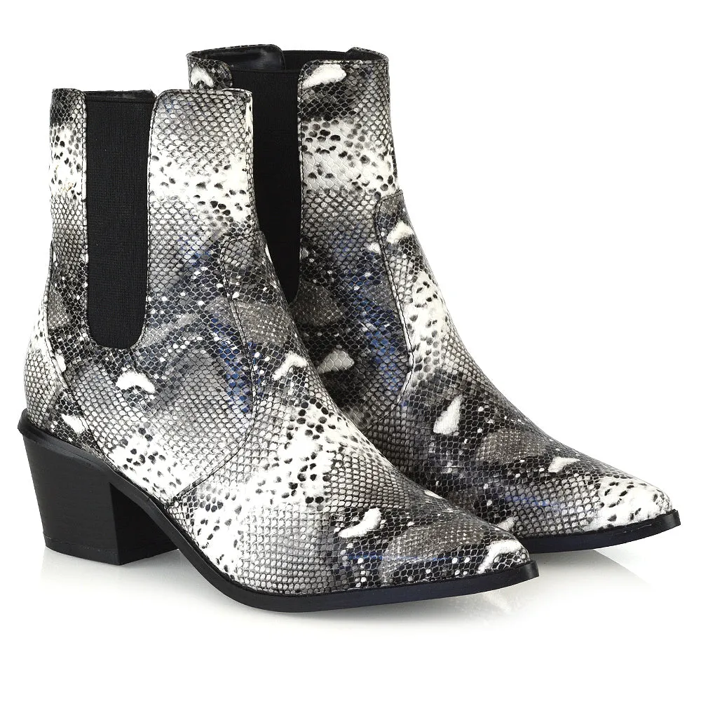 Nola Mid-Block Heel Pointed Toe Cowboy Ankle Boots in Multi Snake