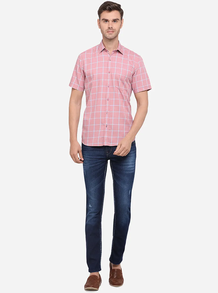 Peach Checked Slim Fit Semi Casual Shirt | Greenfibre