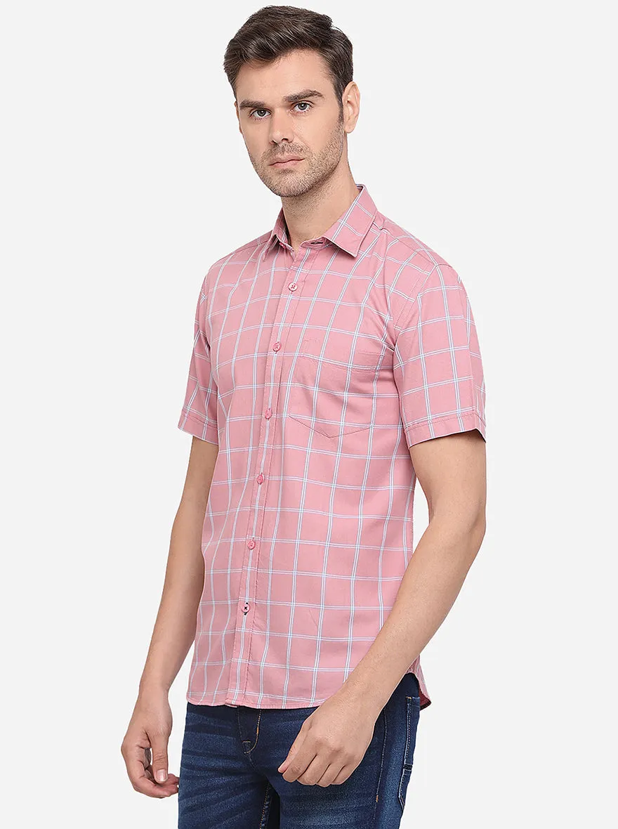 Peach Checked Slim Fit Semi Casual Shirt | Greenfibre