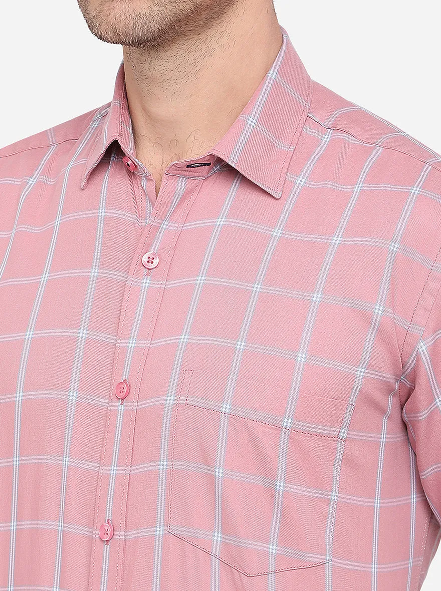 Peach Checked Slim Fit Semi Casual Shirt | Greenfibre