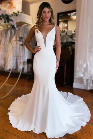 Plunge V Backless Long Mermaid Wedding Dress WD724