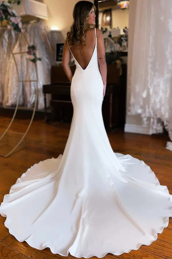 Plunge V Backless Long Mermaid Wedding Dress WD724