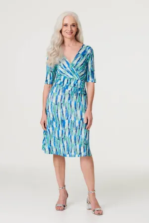 Printed 1/2 Sleeve Faux Wrap Dress