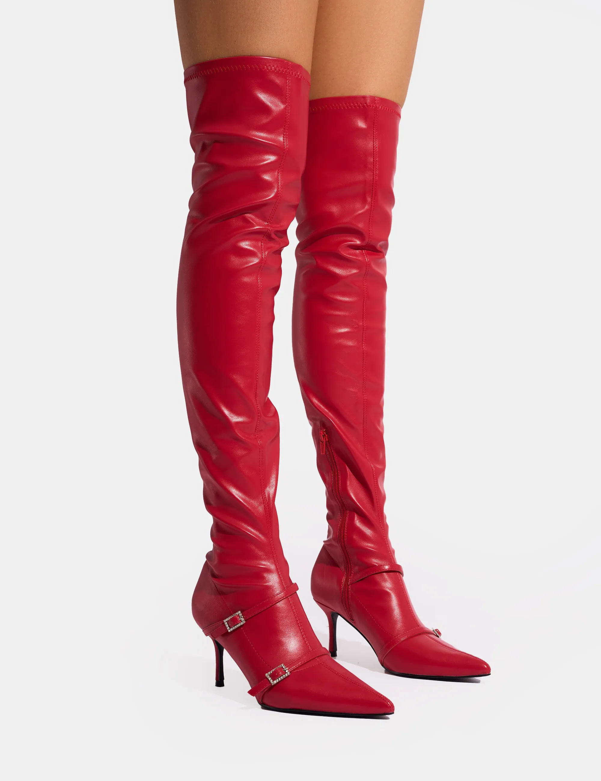 Roulette Red Pointed Toe Diamante Buckle Mid Heel Over The Knee Sock Boots