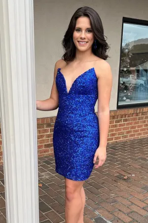 Royal Blue Sequin Bodycon Mini Dress,Wedding Party Dresses