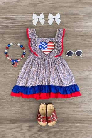 Sequin American Flag Heart Cheetah Dress