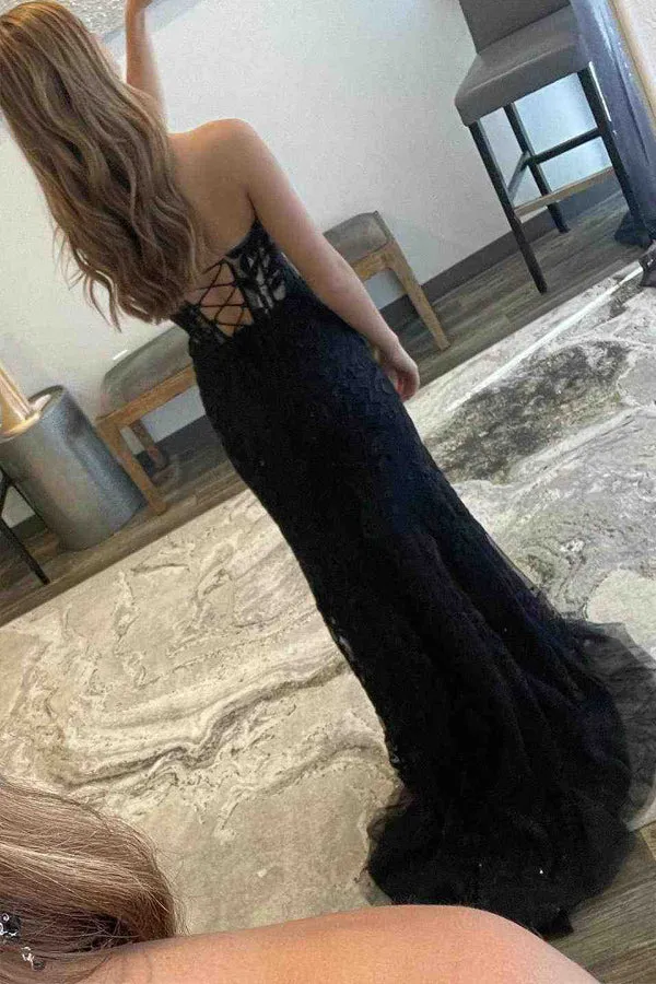 Sheath Lace Strapless Black Corset Long Prom Dress with Slit PSK605