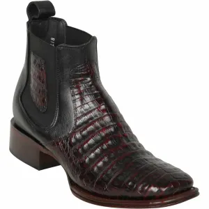 Short Square Toe Caiman Boots Black Cherry