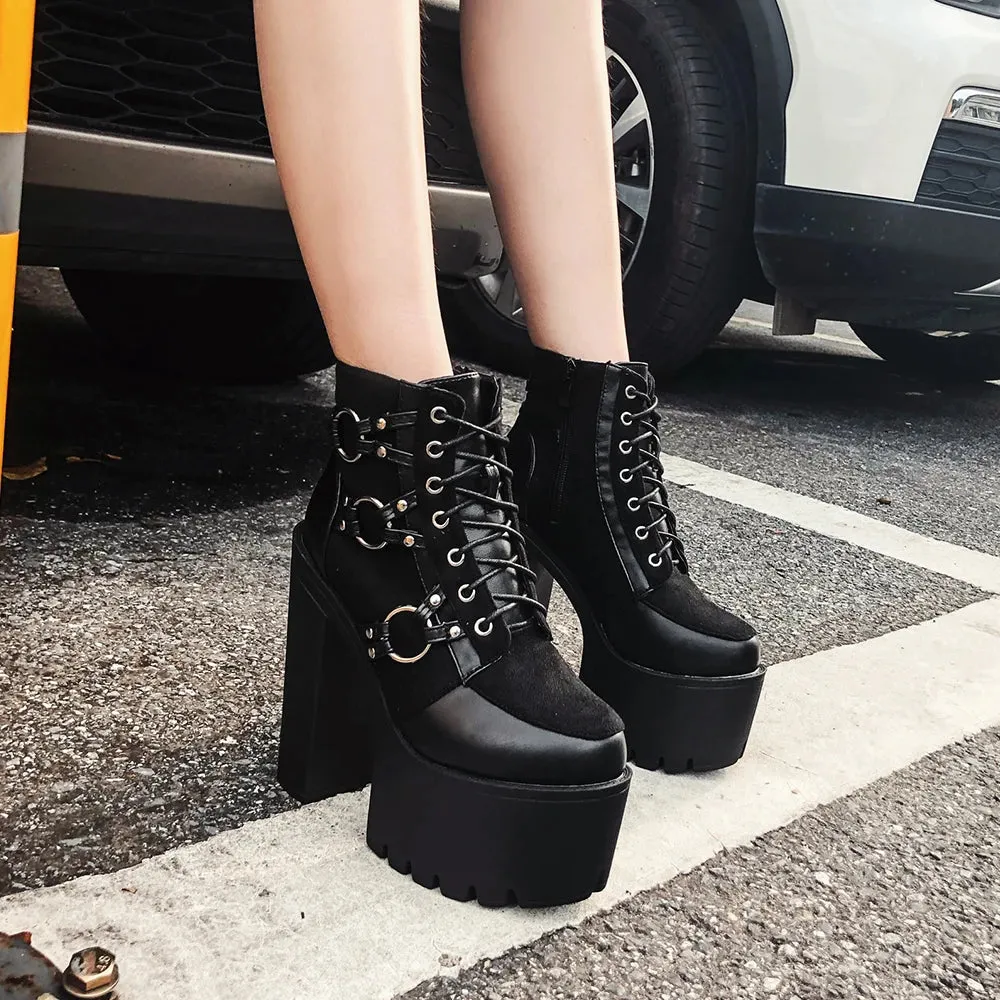 Sohiwoo Women's Goth Motorcycle High Heel Boots Block Heels Lace Up And Zipper Round Toe Platform Ankle Boots Y2K Style