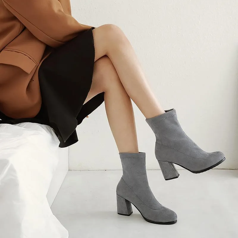 Solid color chunky heel short womens fashion boots