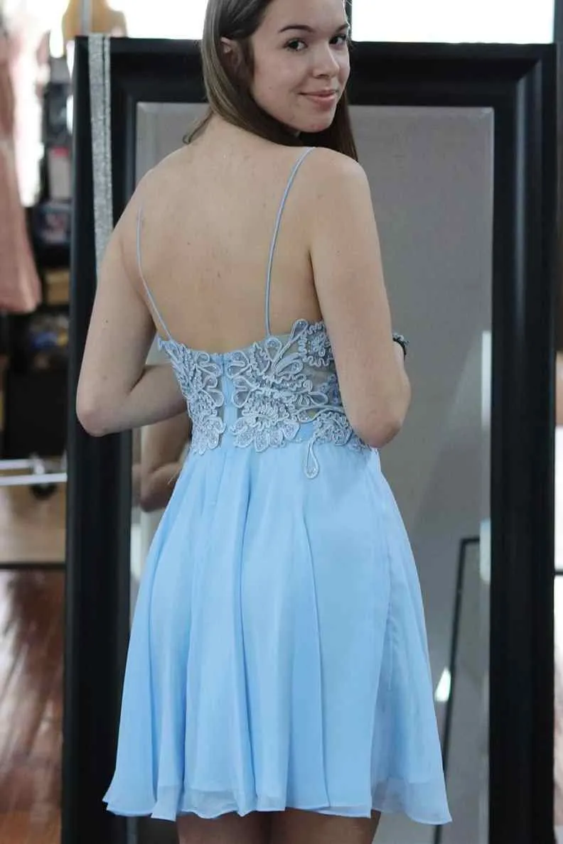 Spaghetti Straps Light Blue A-line Short Homecoming Dress