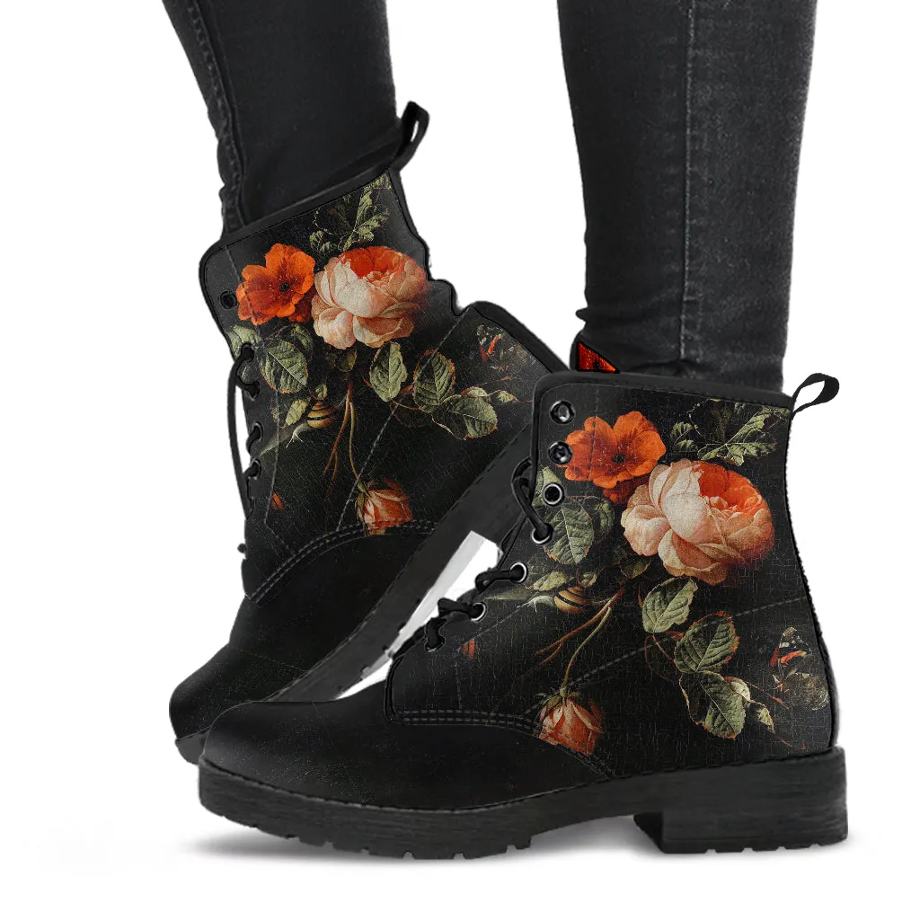 Still Life with Roses Women's Vegan Leather Combat Boots
