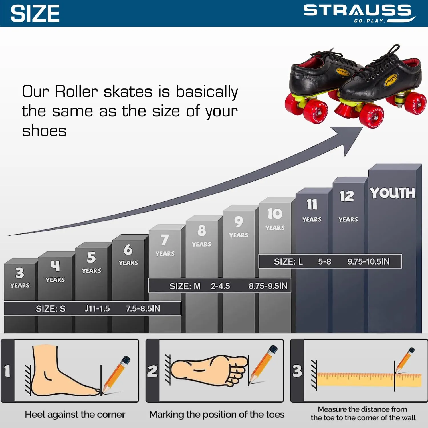 STRAUSS Gripper Skating Shoes | Fixed Body Roller Skates | Shoe Skate with PVC Wheel |Ideal for Boys, Girls and Kids |Suitable for All Skill Level | Ideal for Kids (6-7 Years), Size-12,(Red/Black)