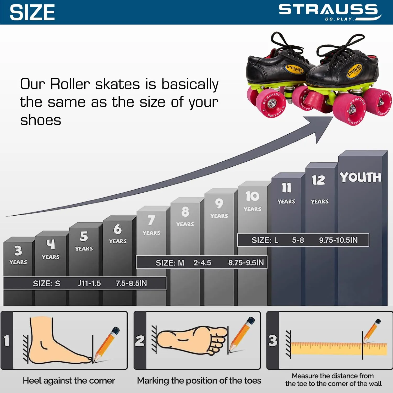 STRAUSS Gripper Skating Shoes | Fixed Body Roller Skates | Shoe Skate with Rubber Wheel |Ideal for Boys, Girls and Kids |Suitable for All Skill Level | Ideal for Kids (5-6 Years),Size-11, (Red/Black)