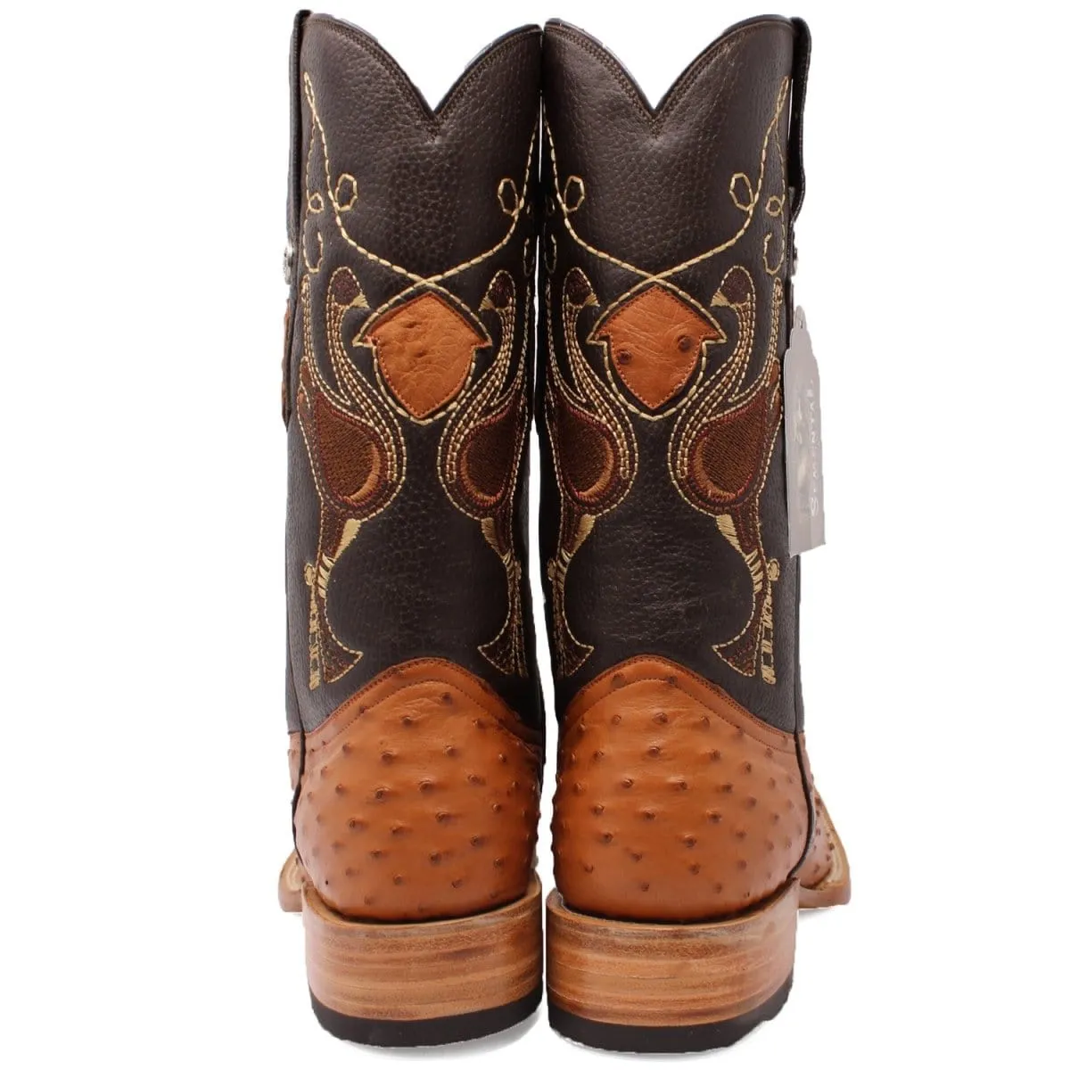 Tanner Mark Men's Genuine Full Quill Ostrich Square Toe Boots Cognac RSX202104