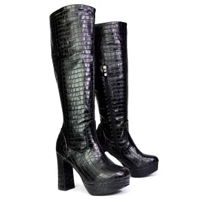 Theo Super Chunky Block High Heel Platform Knee High Boots For Winter in Black Croc