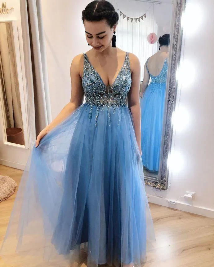 V-Neck Appliques A-Line Prom Dresses Blue Tulle Long Evening Dresses PSK214