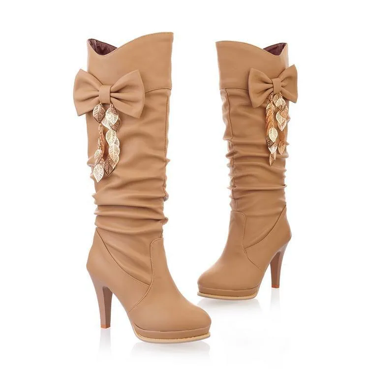 Women bowknot fringed chunky high heel platform knee high boots