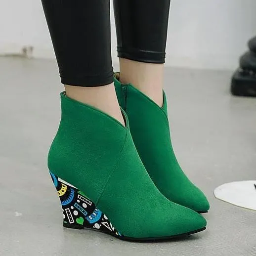 Women fashion v cut pointed toe side zipper ankle wedge boots