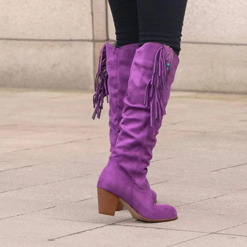 Women knee high chunky heel zipper fringe boots