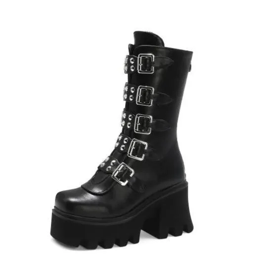 Women's gothic steampunk black platform boots buckle strap mid calf zipper boots