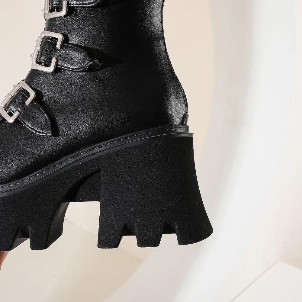 Women's gothic steampunk black platform boots buckle strap mid calf zipper boots