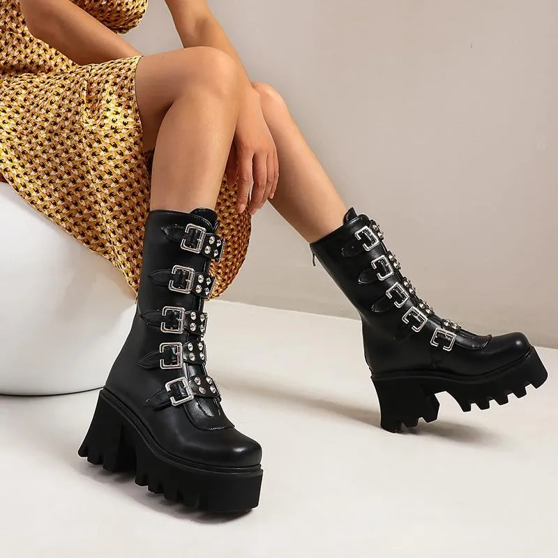 Women's gothic steampunk black platform boots buckle strap mid calf zipper boots