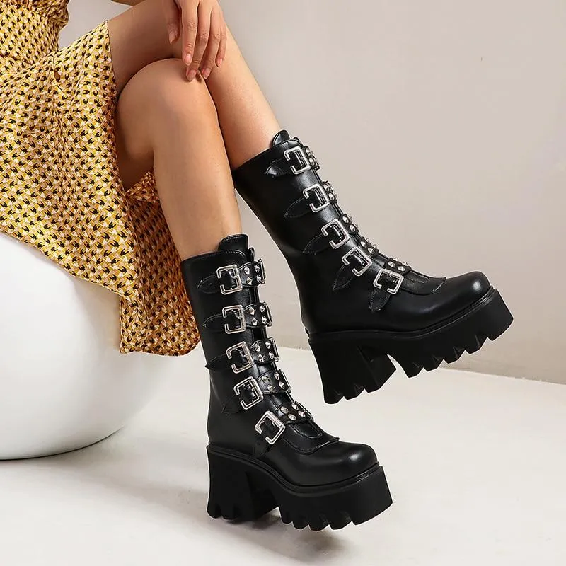 Women's gothic steampunk black platform boots buckle strap mid calf zipper boots