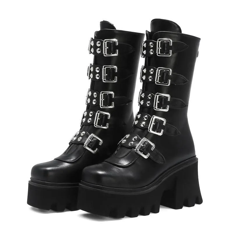 Women's gothic steampunk black platform boots buckle strap mid calf zipper boots