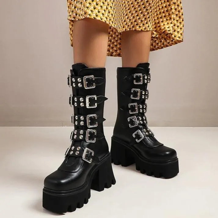 Women's gothic steampunk black platform boots buckle strap mid calf zipper boots