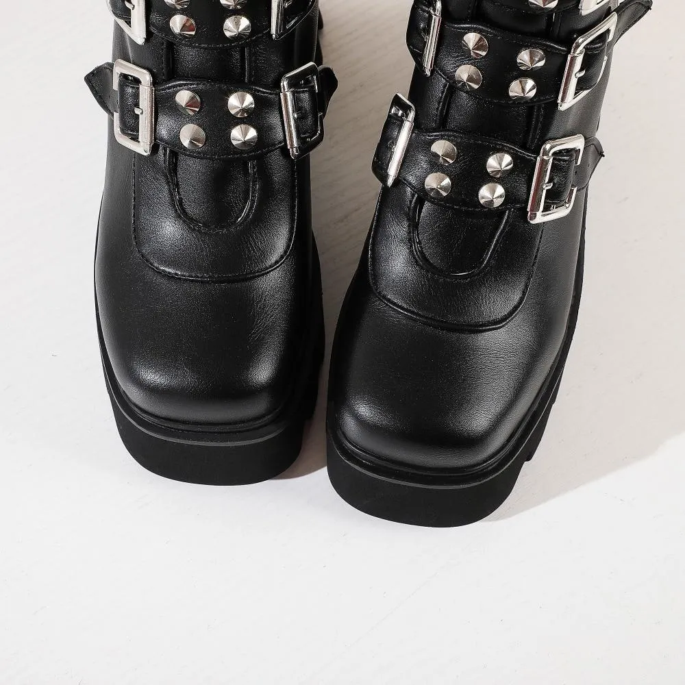 Women's gothic steampunk black platform boots buckle strap mid calf zipper boots