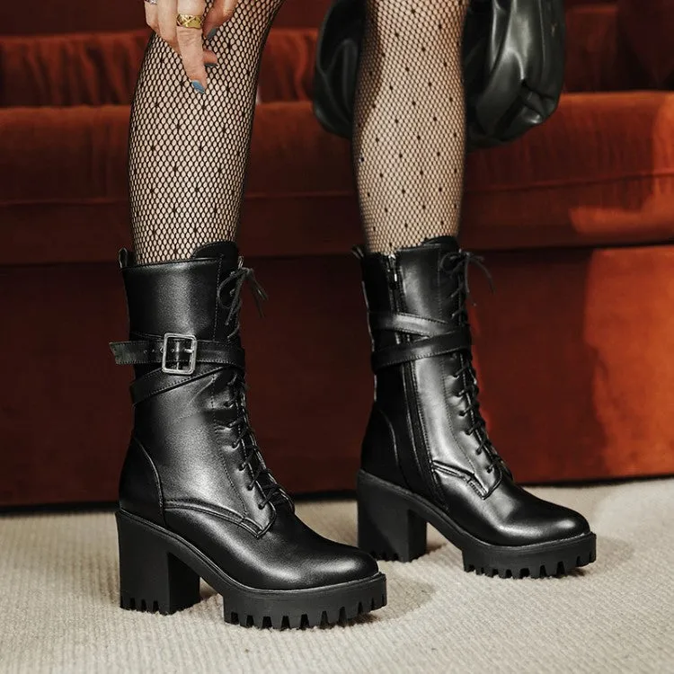 Women's Lace Up Buckle Straps Block Heel Platform Mid Calf Boots