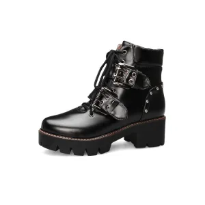 Women's Lace Up Buckle Straps Rivets Block Chunky Heel Platform Short Boots