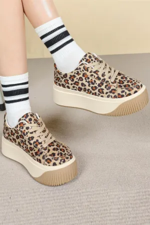 WOMEN'S LACE UP PLATFORM WEDGE CLASSIC LEOPARD TRAINERS