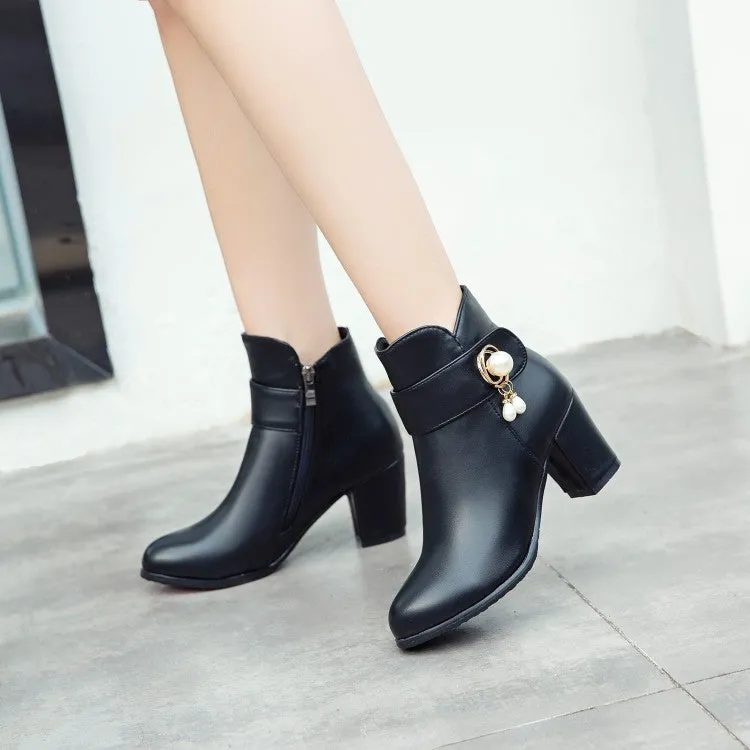 Women's Pu Leather Round Toe Side Zippers Pearls Block Chunky Heel Short Boots