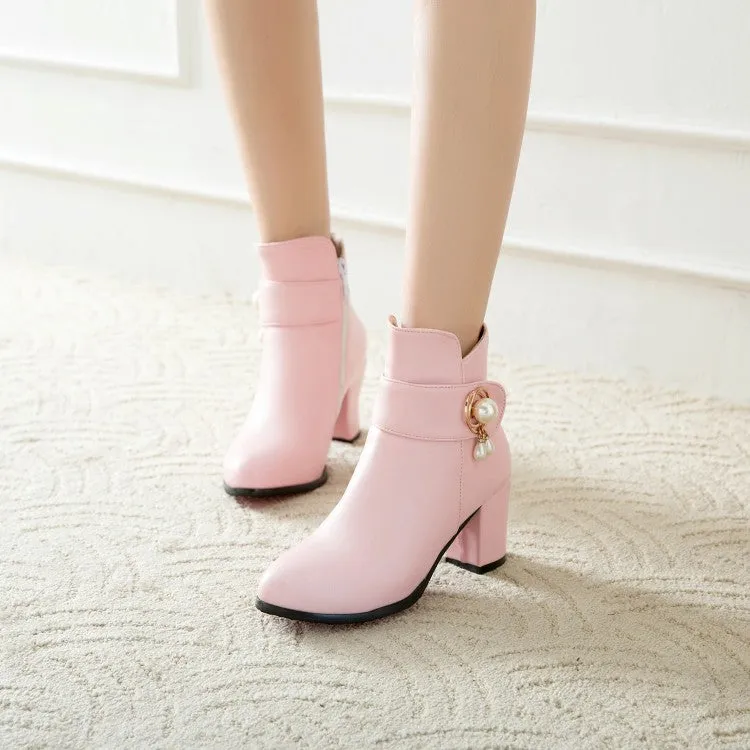 Women's Pu Leather Round Toe Side Zippers Pearls Block Chunky Heel Short Boots