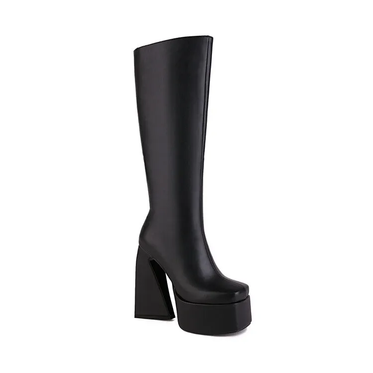 Women's Pu Leather Side Zippers Triangle Heel Platform Knee High Boots