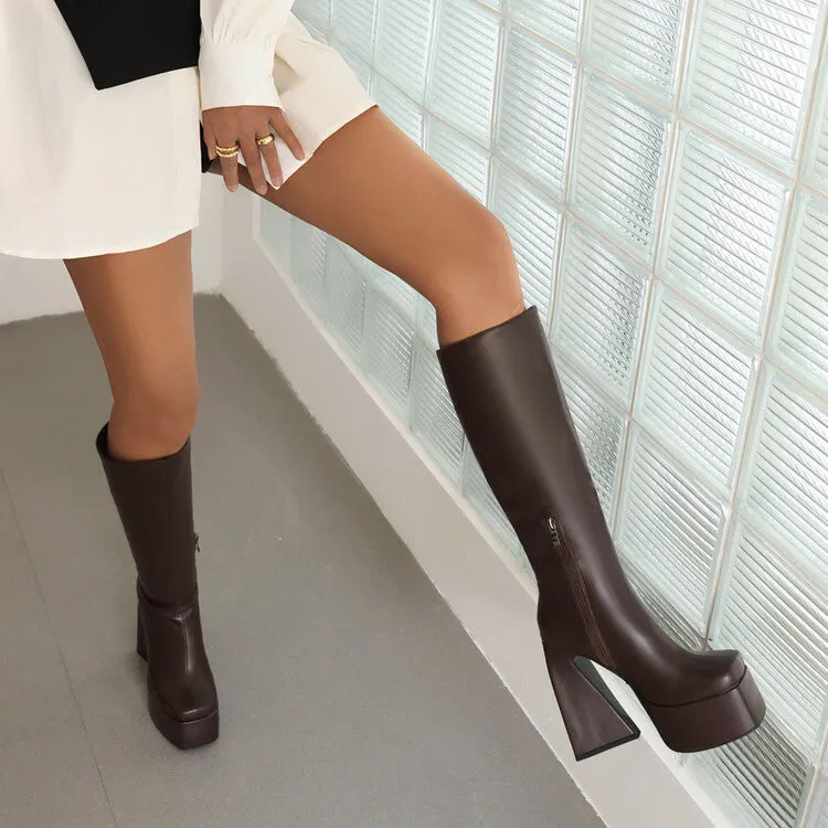 Women's Pu Leather Side Zippers Triangle Heel Platform Knee High Boots