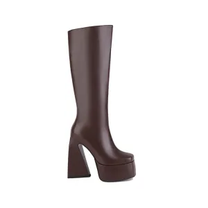 Women's Pu Leather Side Zippers Triangle Heel Platform Knee High Boots